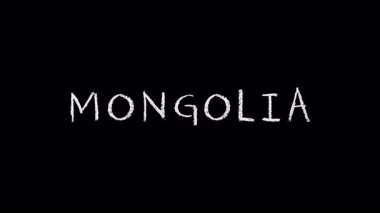 Moğolistan 'ın beyaz tipografisi karanlık tek renkli arka planda dinamik bir şekilde ortaya çıkar, minimalist grafik tasarım ve görsel iletişim yoluyla ulusal kimliği temsil eder.