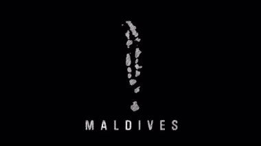 Siyah zemin üzerine çizilmiş animasyon çizimi yoluyla ortaya çıkan maldivlerin haritası, tropikal takımada detayları ve coğrafi hatları gözler önüne seriyor