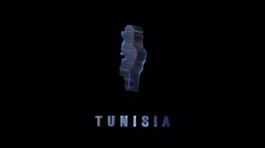 Hassas holografik projeksiyon Tunisias coğrafi hatları ortaya çıkarıyor, derin siyah arka plan karşı dönen, parlayan şeffaf haritalama teknolojisiyle dijital kartografik yenilik sergiliyor