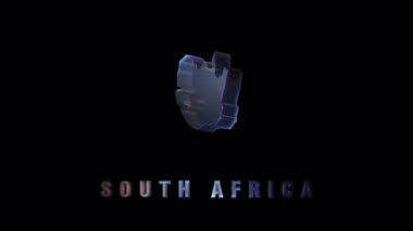 Güney Afrika coğrafi sınırlarının holografik temsili, parlak siyah arkaplana karşı dinamik bir şekilde dönüyor, yanardöner parıltıyla kartografik dijital görselleştirme sergiliyor