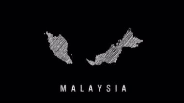Beyaz karalamalar, zıt siyah arkaplan, coğrafi ana hatlar ve ulusal kimliğe karşı ayrıntılı Malezya haritası siluetini ortaya koyuyor