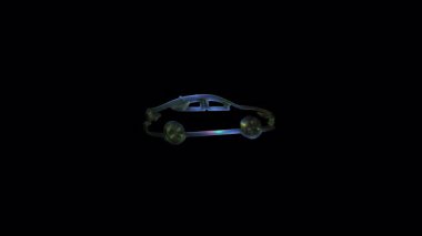 Bir arabanın holografik yansıması kendini parça parça birleştiriyor, siyah bir arkaplanda dönüyor ve dönüşüyor.