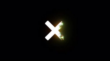 Beyaz haç işareti, siyah zemin üzerinde arıza ve çözülme, sonra solu gösteren turkuaz bir okun içine geçiş