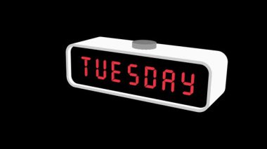 Siyah zemin üzerinde izole edilmiş beyaz dijital alarm saati, pazartesiden pazara kadar haftanın günlerini gösteriyor