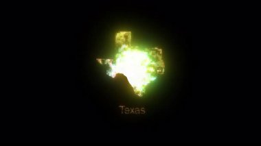 Parlak Teksas haritası ortaya çıkıyor ve koyu siyah arkaplana karşı eyalet sınırlarını vurguluyor, parlak görsel tasarım elementi ile coğrafi silueti gösteriyor