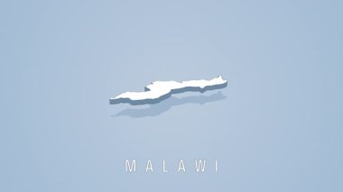 Minimalist beyaz 3d kartografik çizim malawi haritası açık mavi arkaplan üzerinde sorunsuzca dönüyor, coğrafi bilgiyi temiz, modern tasarım estetiği ile sunuyor