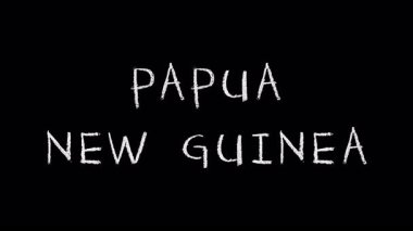 Beyaz tipografi, koyu minimalist arka plana karşı Papua Yeni Gine 'nin adını ortaya çıkarıyor, temiz grafik tasarım animasyonuyla coğrafi konumu vurguluyor