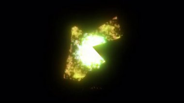 Dijital grafik animasyonu Ürdün haritasının parladığını ve piksellediğini, karanlık arka plana karşı şekillendiğini ve çözüldüğünü, coğrafi şekillerin ve bölgesel sınırların vurgulandığını gösteriyor