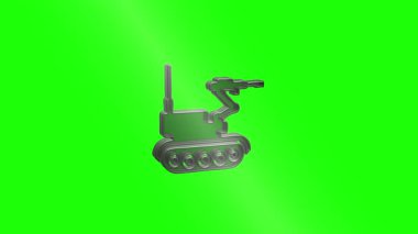 Gelişmiş askeri robotik tank yavaşça yeşil ekran üzerinde dönüyor, fütüristik özerk savunma teknolojisi ve ileri teknoloji silah mühendisliği sergiliyor.