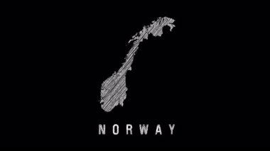Koyu arkaplanda karalama hareketi yoluyla ortaya çıkan ve sanatsal çizim tekniğiyle coğrafi hatları ortaya çıkaran Norveç haritasını gösteren grafiksel animasyon