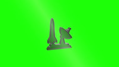 Animasyon uzay roketi ve uydu anten ikonu dönüyor ve kayboluyor. Teknoloji, bilim ve iletişimi temsil eden 3 boyutlu bir sembol.