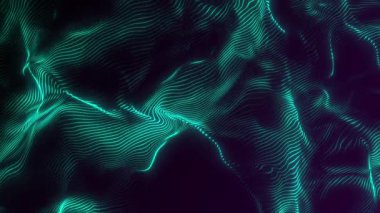 Dalgalanan ve parlayan cyan parçacık çizgileri olan soyut bir arkaplan. Fütürist dijital manzara ve teknoloji ağ bağlantısı kavramı