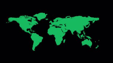 Kusursuz bir döngü içinde düz siyah bir arkaplanda dönen üç boyutlu yeşil dünya haritası. Küresel iş ve ekoloji için mükemmel bir kavram