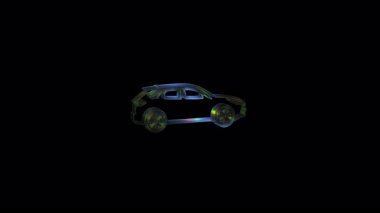Gelecekçi holografik SUV arabası siyah arka planda dönüyor. Elektrik ve otonom araçlar için dijital otomotiv teknolojisi kavramı