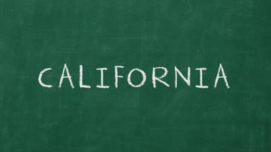 Kaliforniya kelimesinin yeşil bir karatahtaya yazılıp silinmesinin animasyonu. Coğrafya veya devlet eğitimi için eğitici kavram