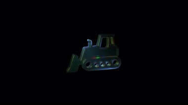 Siyah arka planda dönen hareketli cam buldozer ikonu. İnşaat, toprak taşıma ve inşaat için ağır makineleri temsil eden üç boyutlu bir model.