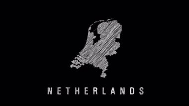 Hollanda 'nın stilize edilmiş haritası bir el çizimiyle ortaya çıkıyor, karalama etkisi animasyonu. Siyah bir arkaplanda canlandırılmış ülke şekli ve adı