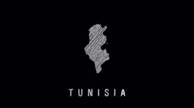 Tunus 'un hareketli haritası bir el çizimi, karalanmış doku ile ortaya çıkıyor. Ulusların coğrafyasını vurgulayan minimalist siyah arkaplan