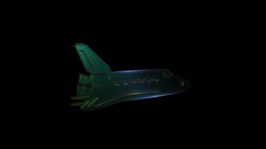 Karanlıkta yavaşça dönen bir uzay mekiğinin üç boyutlu cam modeli. Uzay keşfi için kavramsal animasyon