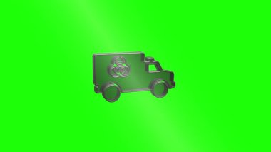 Yeşil ekran arka planında dönen biyolojik tehlike sembollü bir kamyonun canlandırılmış 3D simgesi. Kirlenme ve atık imhası kavramları için ideal