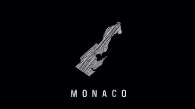 Siyah arka planda görünen Monako haritasının çizim animasyonu. Eğitim veya vatanseverlik içeriği için minimalist hareket grafiği