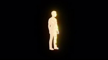 Dijital piksellerden oluşan insan erkek figürünün soyut animasyonu. Siluet katılaşıyor ve veri akışında kayboluyor.