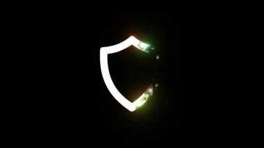 Beyaz kalkan simgesi, siber güvenlik ve veri koruması gibi kavramları temsil eden siyah arkaplan üzerinde renkli bir dijital hata etkisi yaratıyor