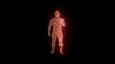 Bir erkek figürünün kavramsal animasyonu oluşuyor ve sonra siyah bir arkaplan üzerinde parlayan parçacıklara dönüşüyor. Teknoloji ve fantezi teması için ideal