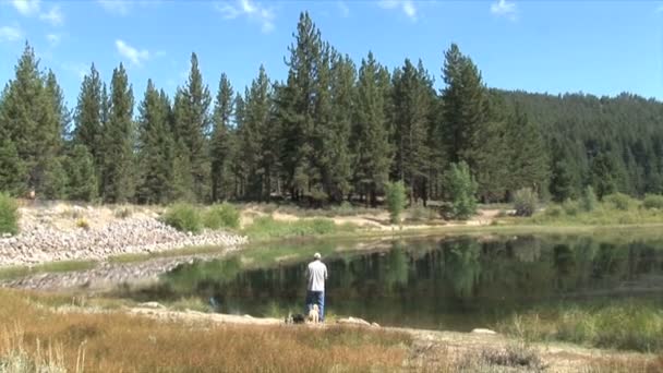 Vissers op lake in zonnige dag — Stockvideo