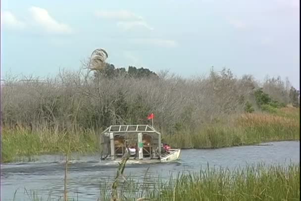 Airboat swims on river — Stock Video