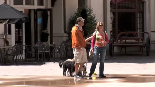 Gente paseando con perro en la ciudad — Vídeo de stock