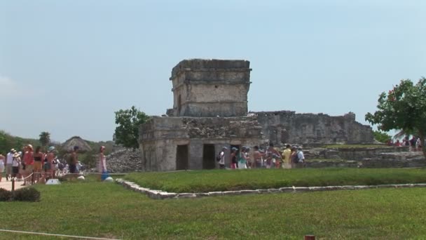 Turyści odwiedzają Tulum ruiny świątyni — Wideo stockowe