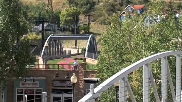 Padre con niños caminando en el puente — Vídeo de stock