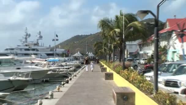 Gehweg am Hafen in der Stadt Gustavia — Stockvideo