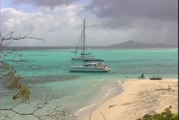 Iates no mar na costa de Tobago — Vídeo de Stock