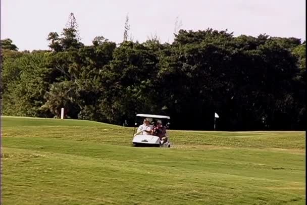 Carrinho de golfe equitação no campo de golfe — Vídeo de Stock