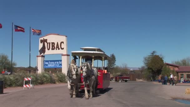 Знак місті Tubac та перевезення коней — стокове відео
