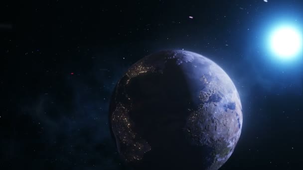 Scènes réalistes, cinématographique la planète Terre tourne lentement autour de son axe 360 degrés avec le soleil et les étoiles en arrière-plan en 4k 