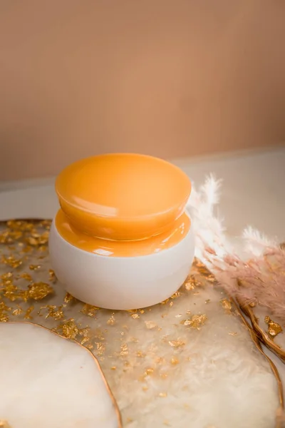 White Cosmetic Cream Jar Orange Lid Light Pastel Color Background — Stock Photo, Image