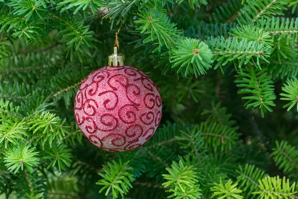 Κόκκινη Χριστουγεννιάτικη μπάλα για το χριστουγεννιάτικο δέντρο. Παιχνίδι της Πρωτοχρονιάς. — Φωτογραφία Αρχείου