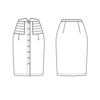 Kadın modasının teknik çizimi. Kadınların düğmeleri iliklenmiş, yüksek israf edilmiş etekleri..