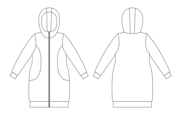 Desenho Técnico Moda Mulheres Casaco Mulher Com Capuz Vista Frontal —  Vetores de Stock