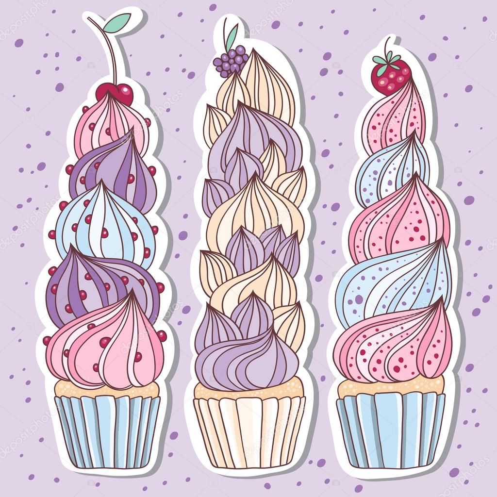 Three hand drawn vector tall cupcakes.