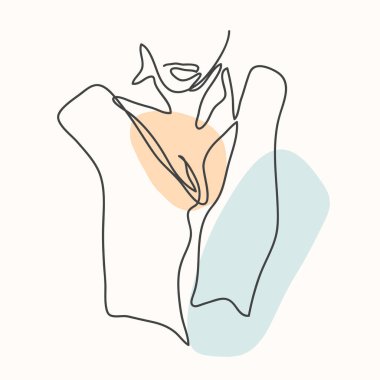 Çizgi sanatı seksi kadın silueti. Mavi, turuncu, bej baloncuk. Siyah çizgi. 