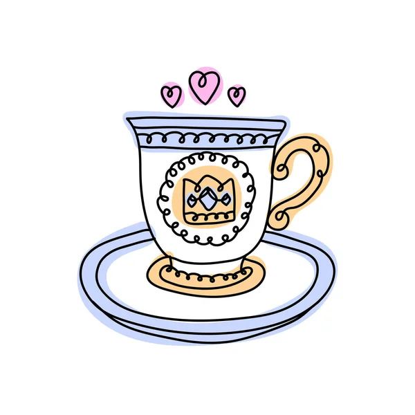 Copa de cerámica de porcelana dibujada a mano con platillo. Corona, emblema, logotipo de estilo femenino con corazones. — Vector de stock