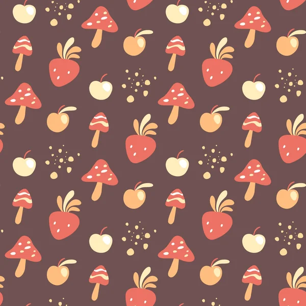 Mushroom, apple, strawberry fresh vegetables on brown background. — стоковый вектор