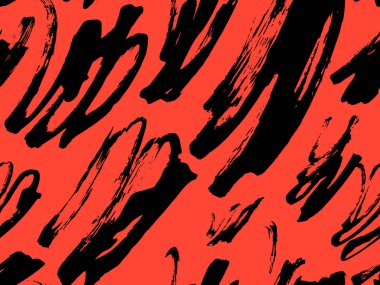 Siyah, beyaz, kırmızı renkler. Kumaş tasarımı için kusursuz desen. Su sıçramış boya lekesi. Arka plan dokusu eski kumaş. Mürekkep boyası çizgisi vektörü.