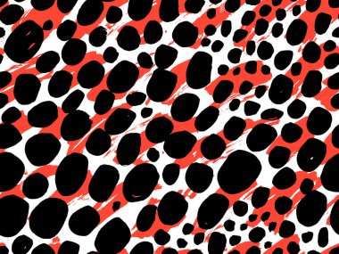 Siyah, beyaz, kırmızı renkler. Kumaş tasarımı için kusursuz desen. Su sıçramış boya lekesi. Arka plan dokusu eski kumaş. Mürekkep boyası çizgisi vektörü.