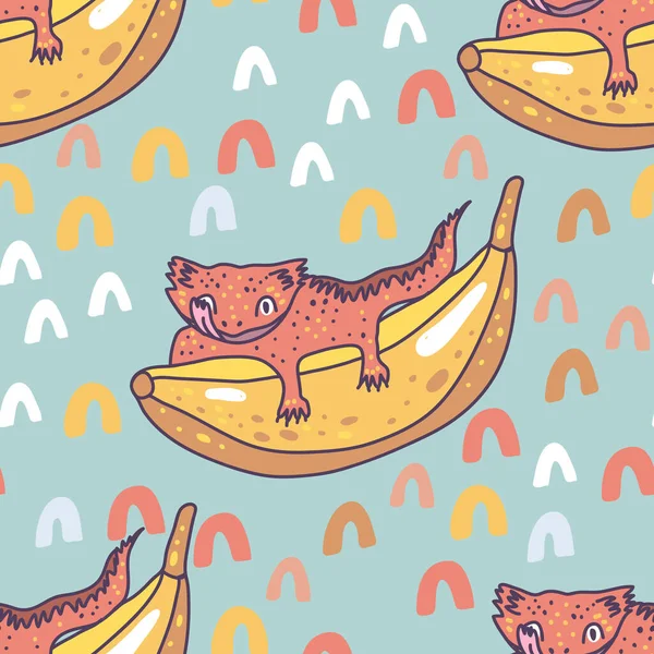 Хохлатый гецко симпатичный ящер на банановом безморщинистом рисунке — стоковый вектор
