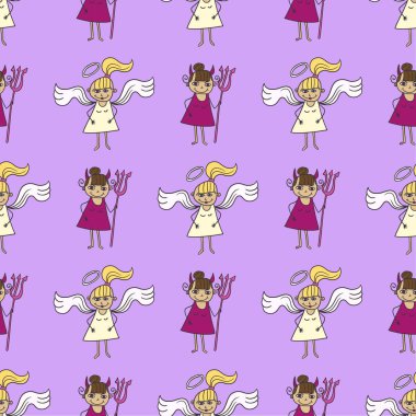 Melek ve şeytan küçük kız mor arka planda kusursuz desen. 